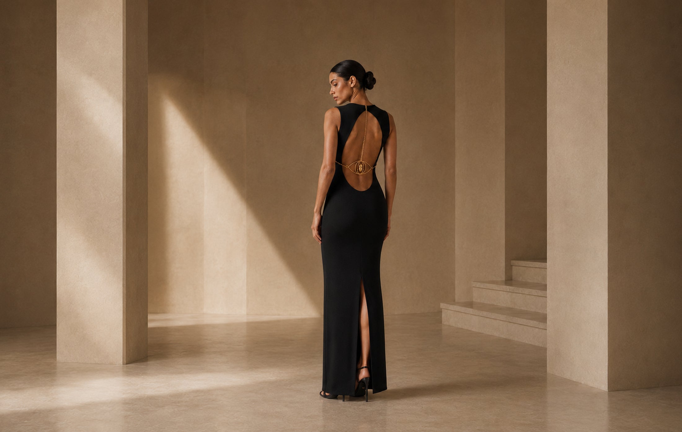 MONSEI KHEPR — KA, black modal dress with gold-plated scarab